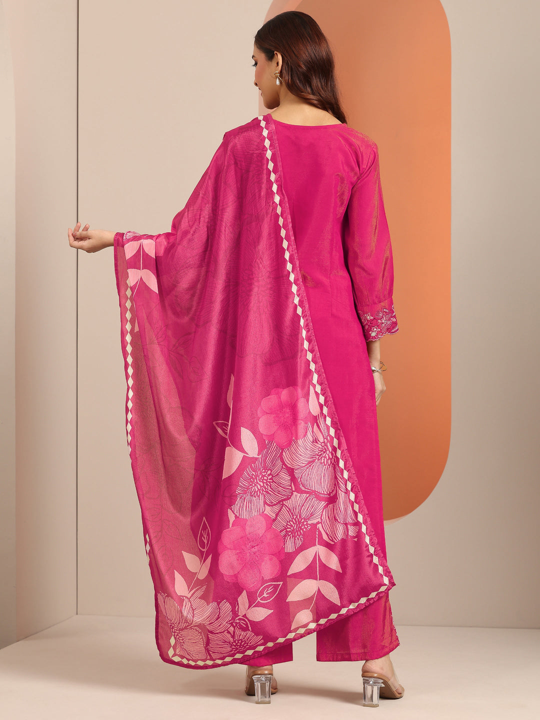Magenta Embroidered Silk Blend Straight Suit Set With Dupatta