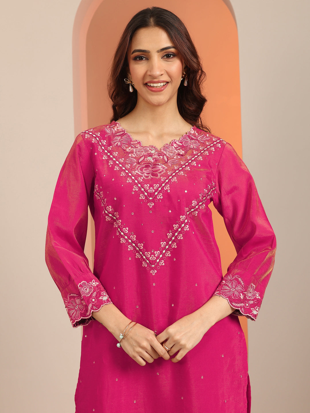 Magenta Embroidered Silk Blend Straight Suit Set With Dupatta
