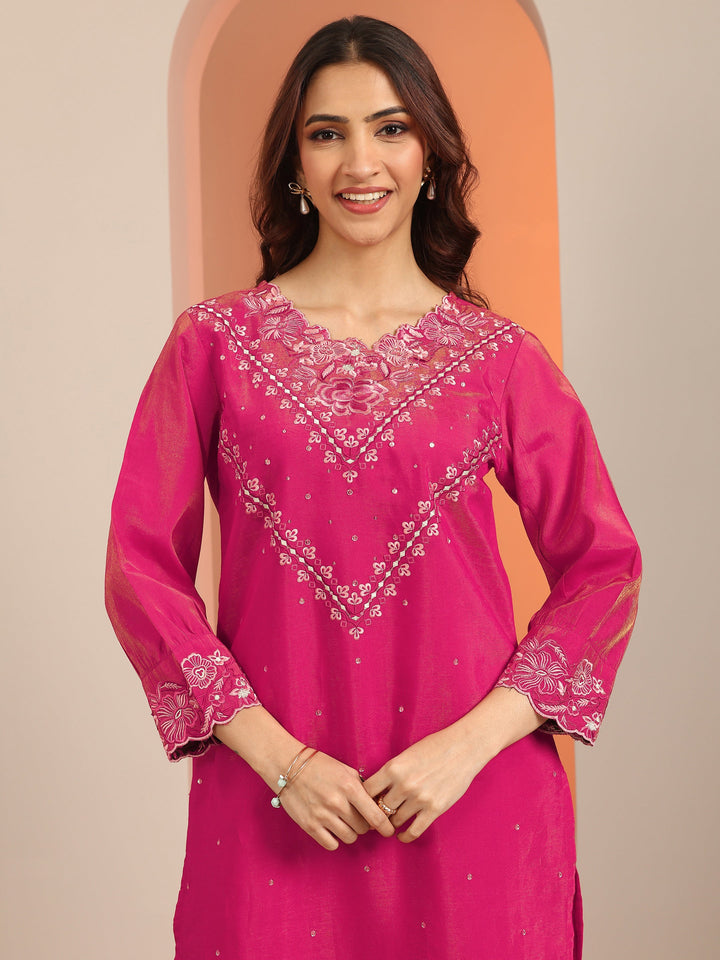 Magenta Embroidered Silk Blend Straight Suit Set With Dupatta