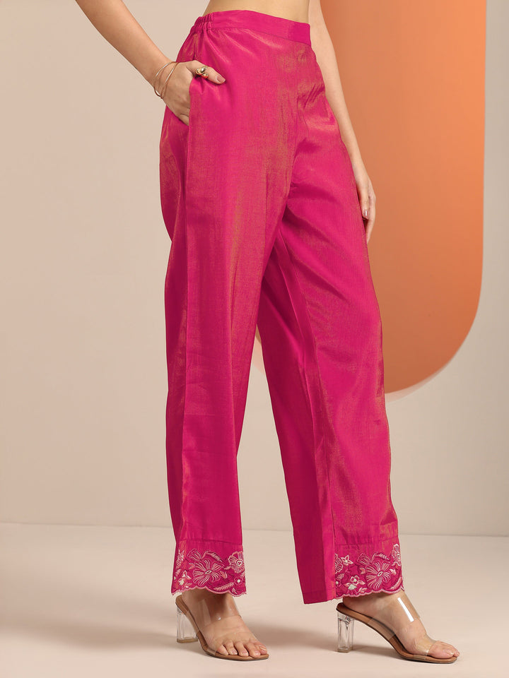 Magenta Embroidered Silk Blend Straight Suit Set With Dupatta