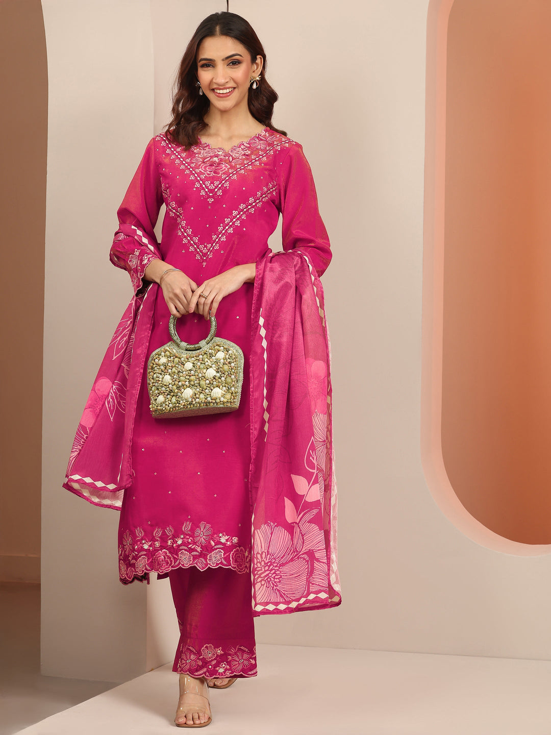Magenta Embroidered Silk Blend Straight Suit Set With Dupatta