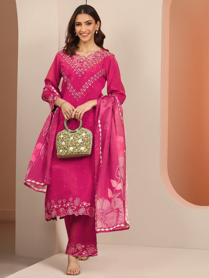Magenta Embroidered Silk Blend Straight Suit Set With Dupatta