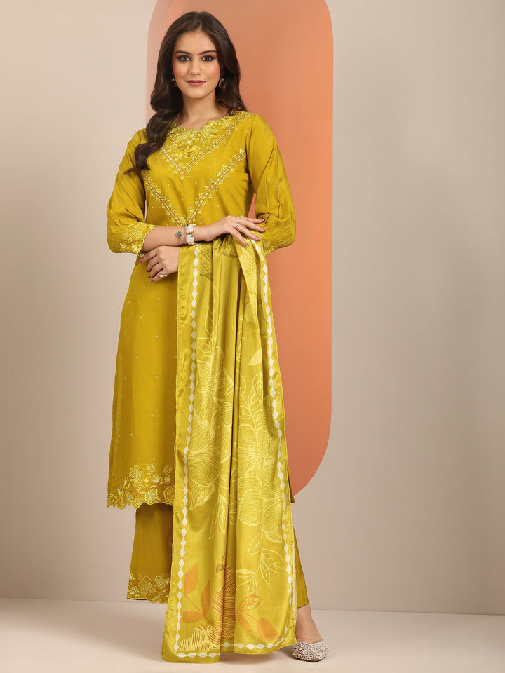 Mustard Embroidered Silk Blend Straight Suit Set With Dupatta