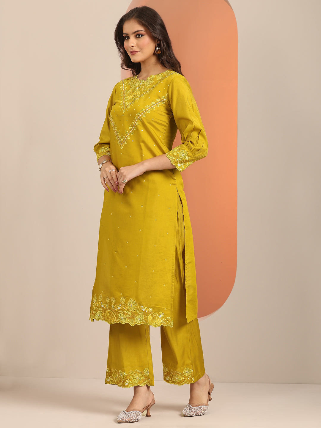 Mustard Embroidered Silk Blend Straight Suit Set With Dupatta