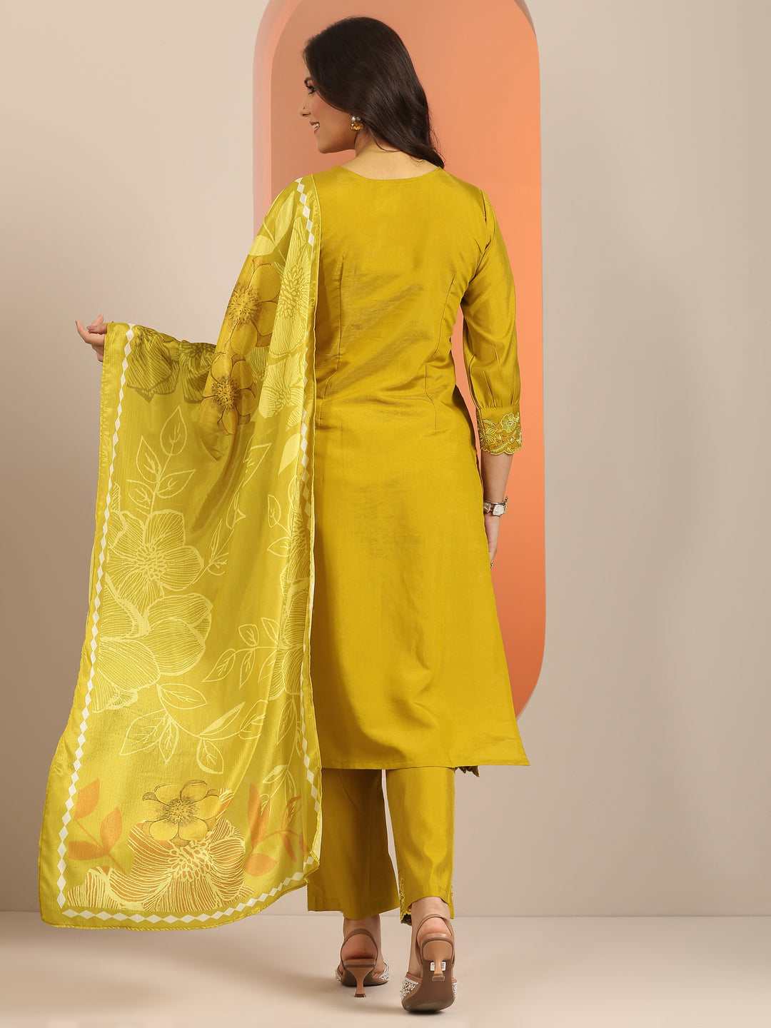 Mustard Embroidered Silk Blend Straight Suit Set With Dupatta