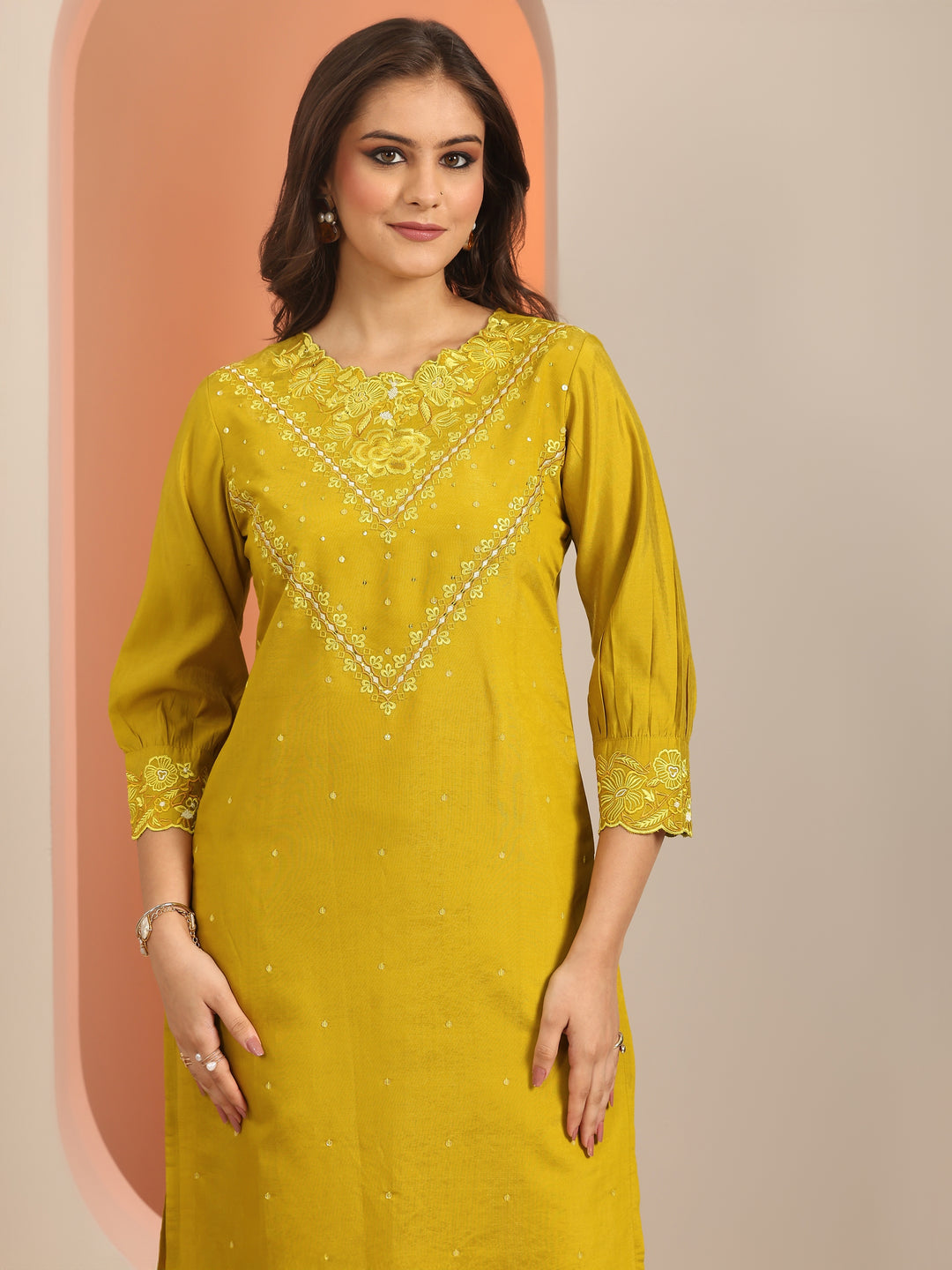 Mustard Embroidered Silk Blend Straight Suit Set With Dupatta