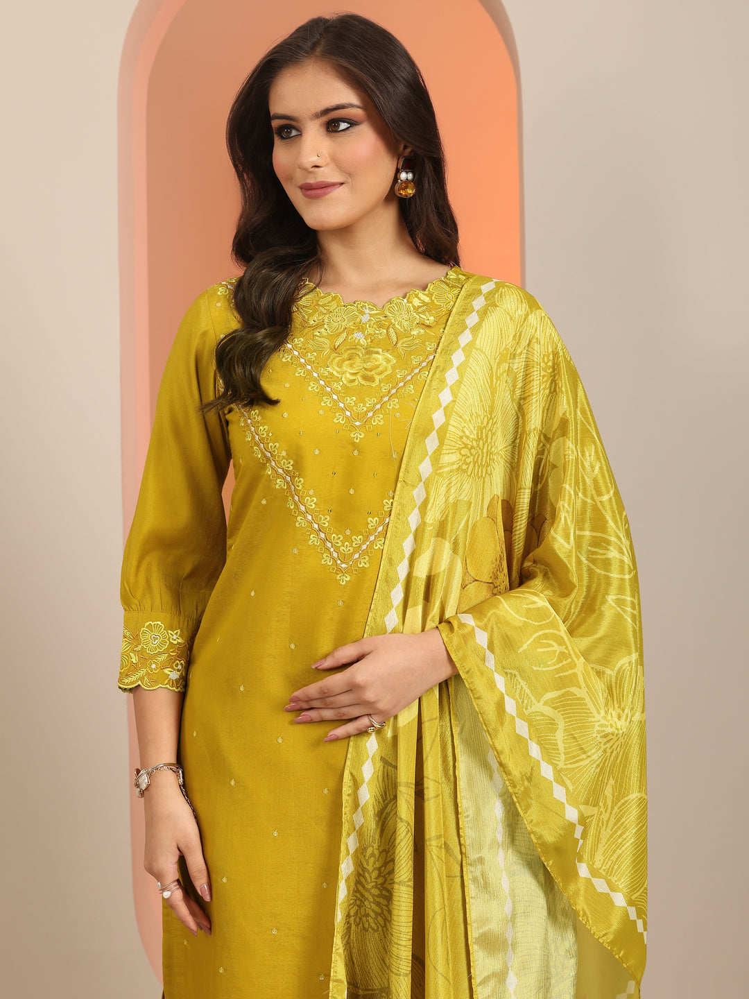 Mustard Embroidered Silk Blend Straight Suit Set With Dupatta