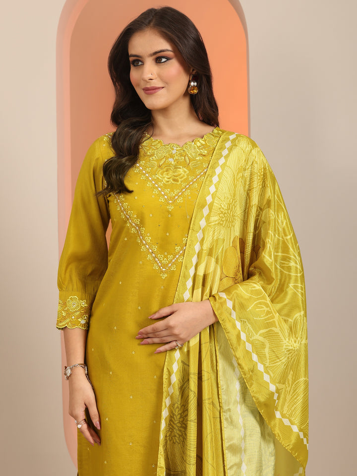 Mustard Embroidered Silk Blend Straight Suit Set With Dupatta
