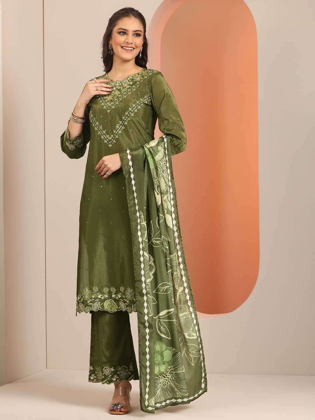 Olive Embroidered Silk Blend Straight Suit Set With Dupatta