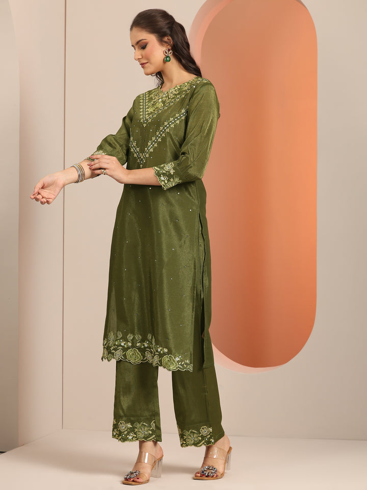 Olive Embroidered Silk Blend Straight Suit Set With Dupatta
