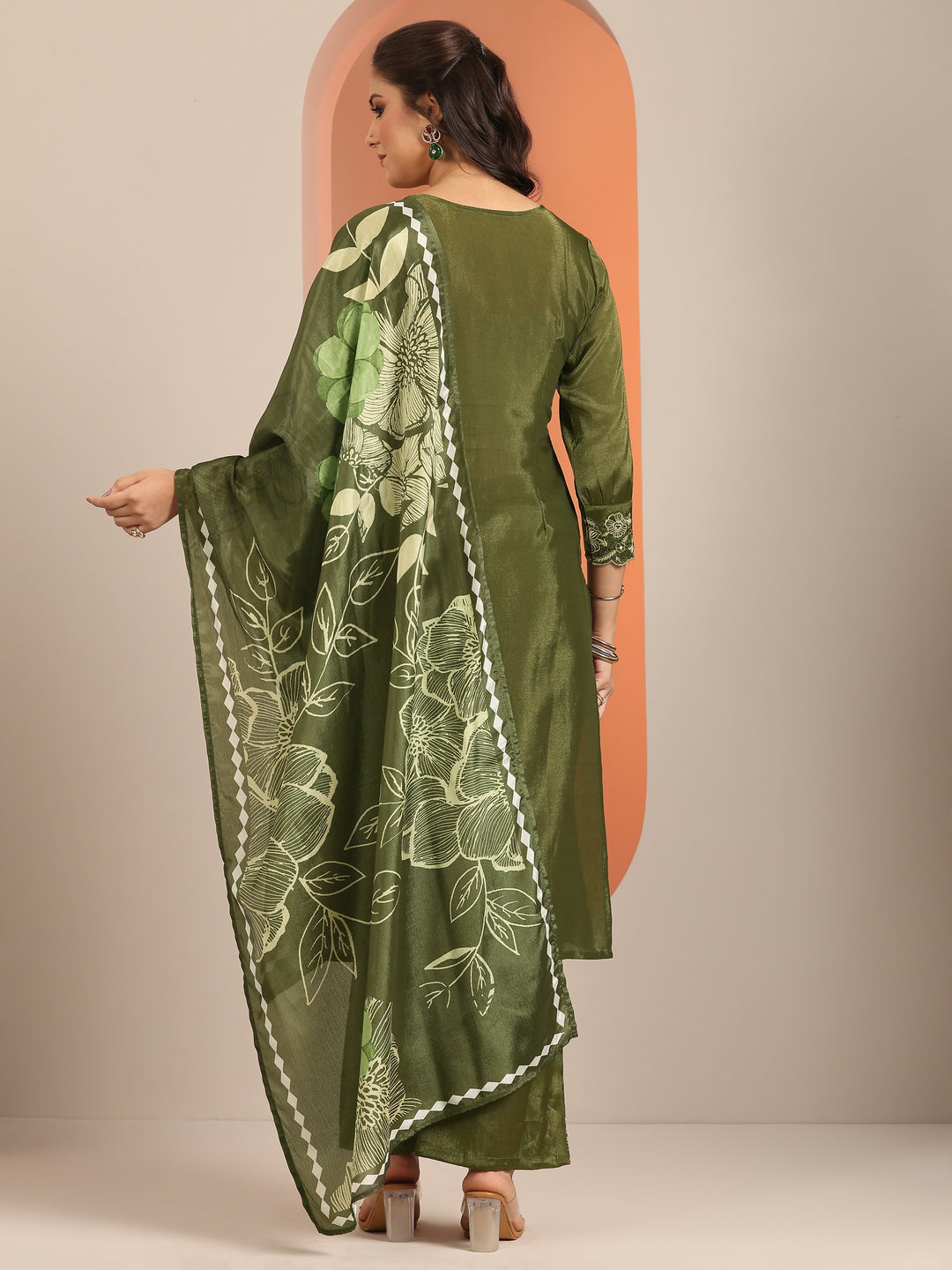 Olive Embroidered Silk Blend Straight Suit Set With Dupatta