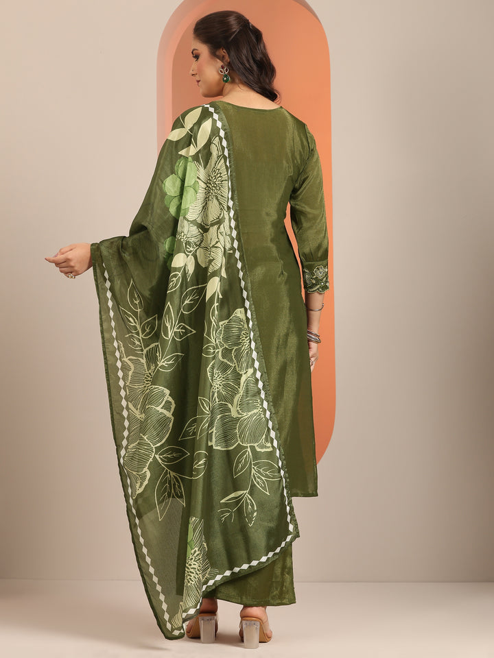 Olive Embroidered Silk Blend Straight Suit Set With Dupatta