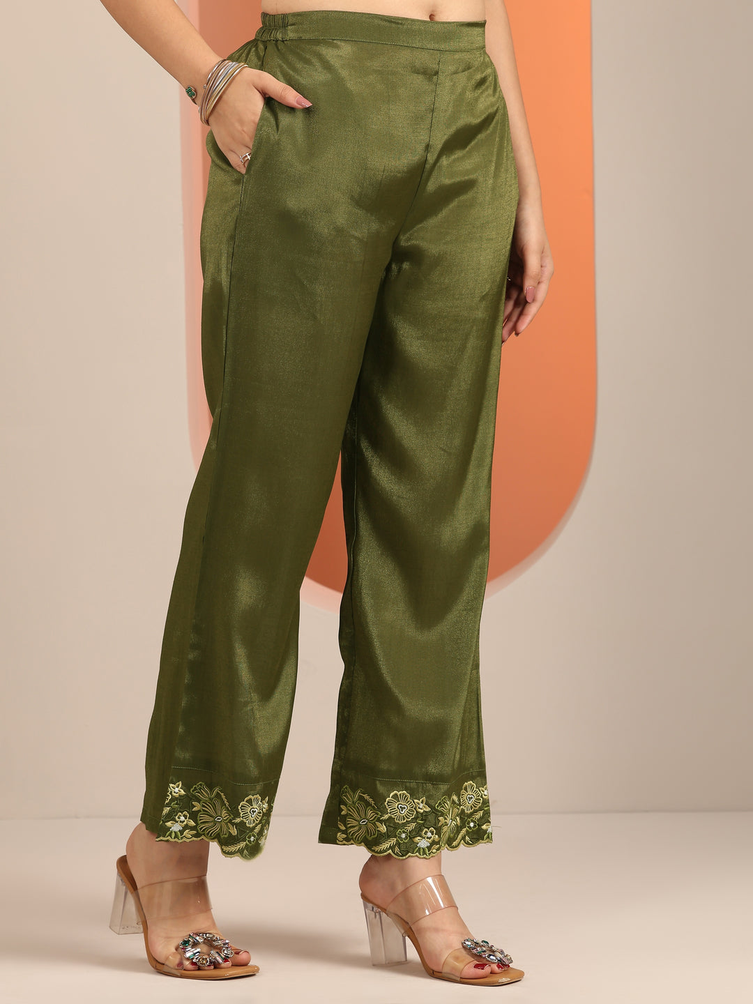 Olive Embroidered Silk Blend Straight Suit Set With Dupatta