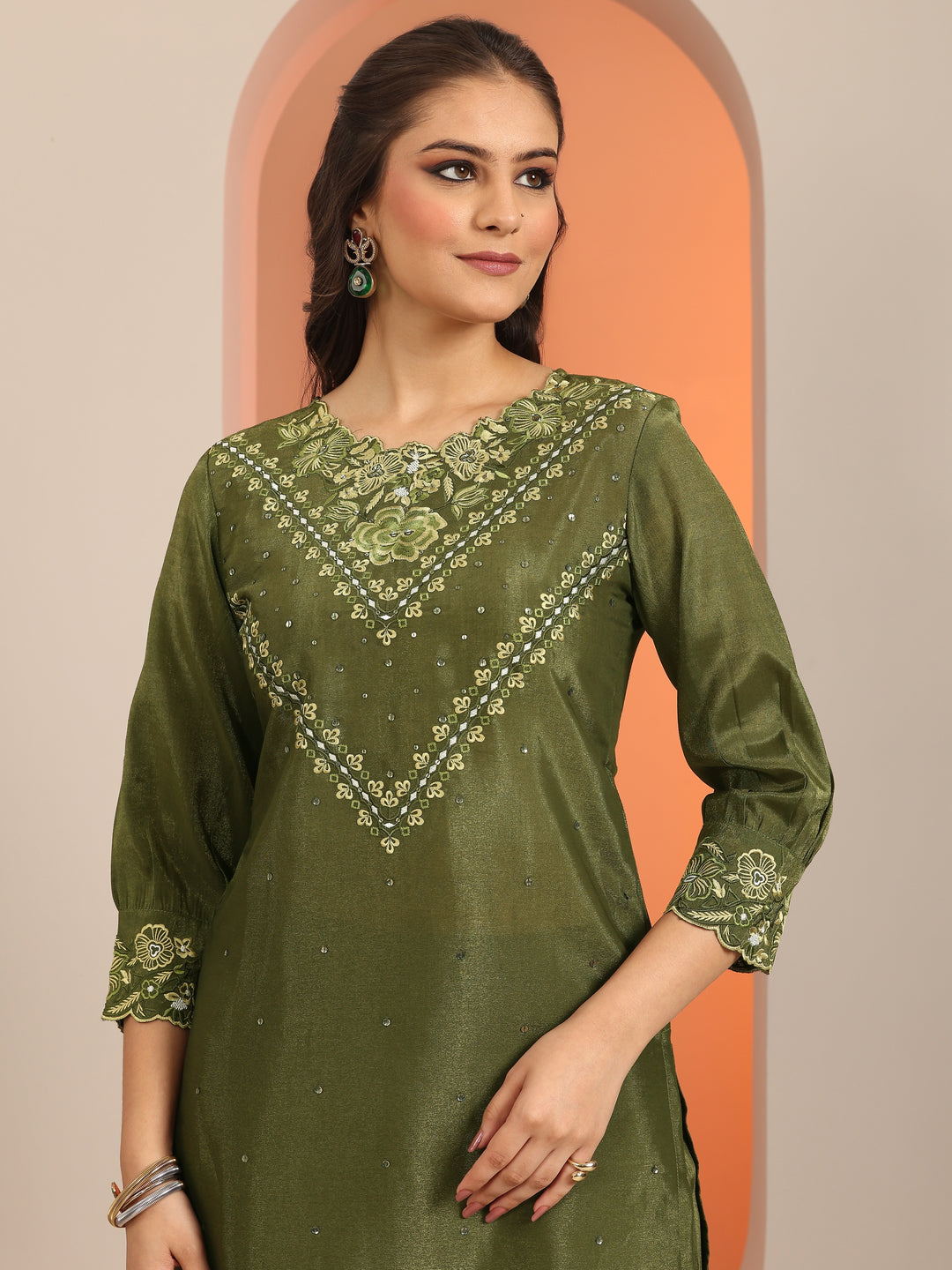 Olive Embroidered Silk Blend Straight Suit Set With Dupatta