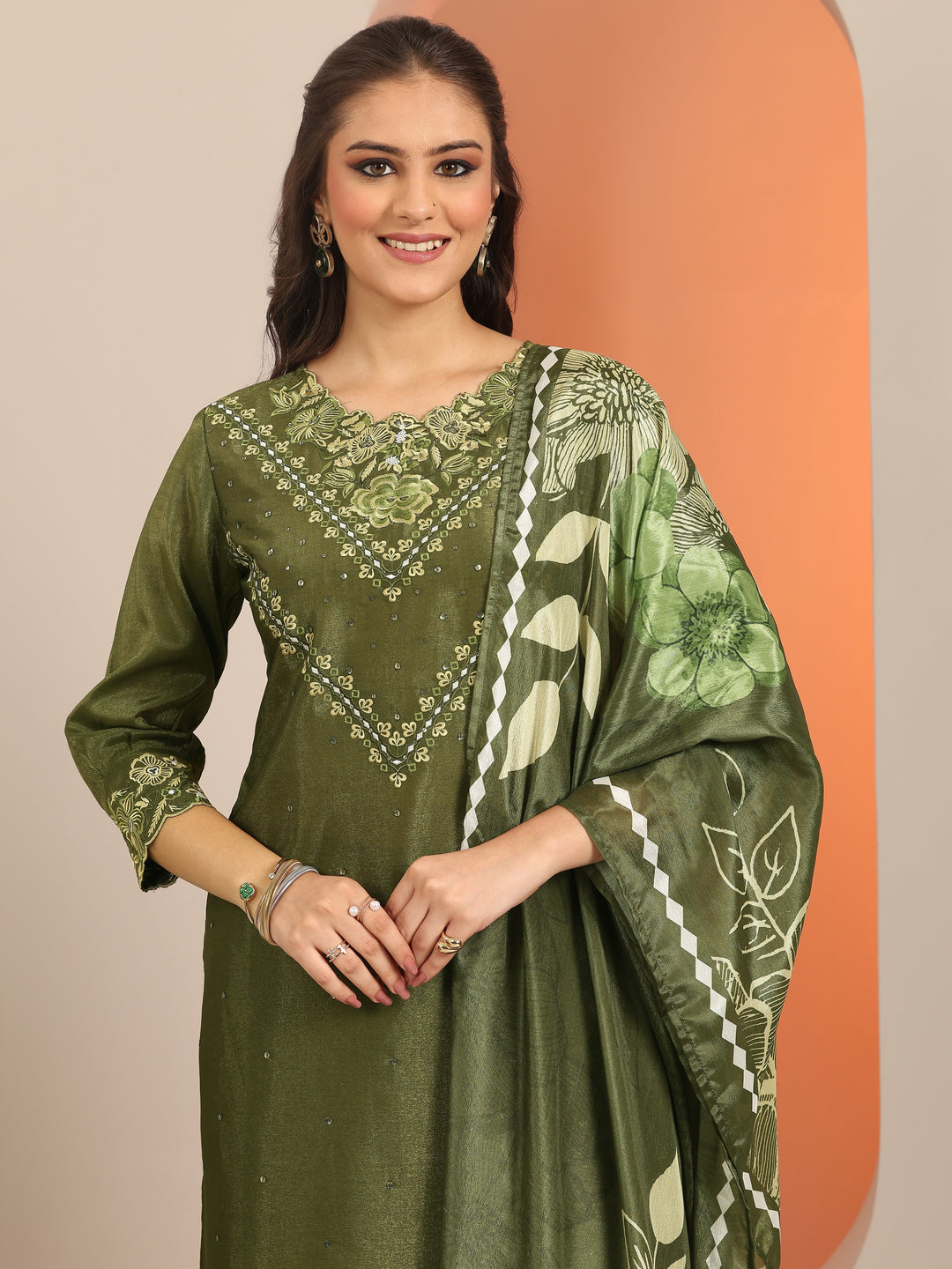 Olive Embroidered Silk Blend Straight Suit Set With Dupatta