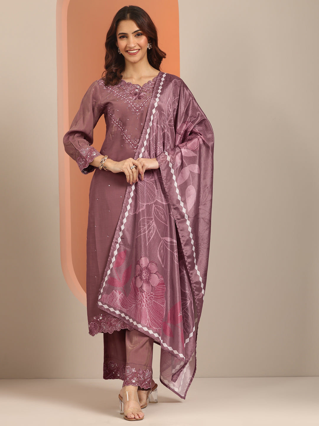 Mauve Embroidered Silk Blend Straight Suit With Dupatta