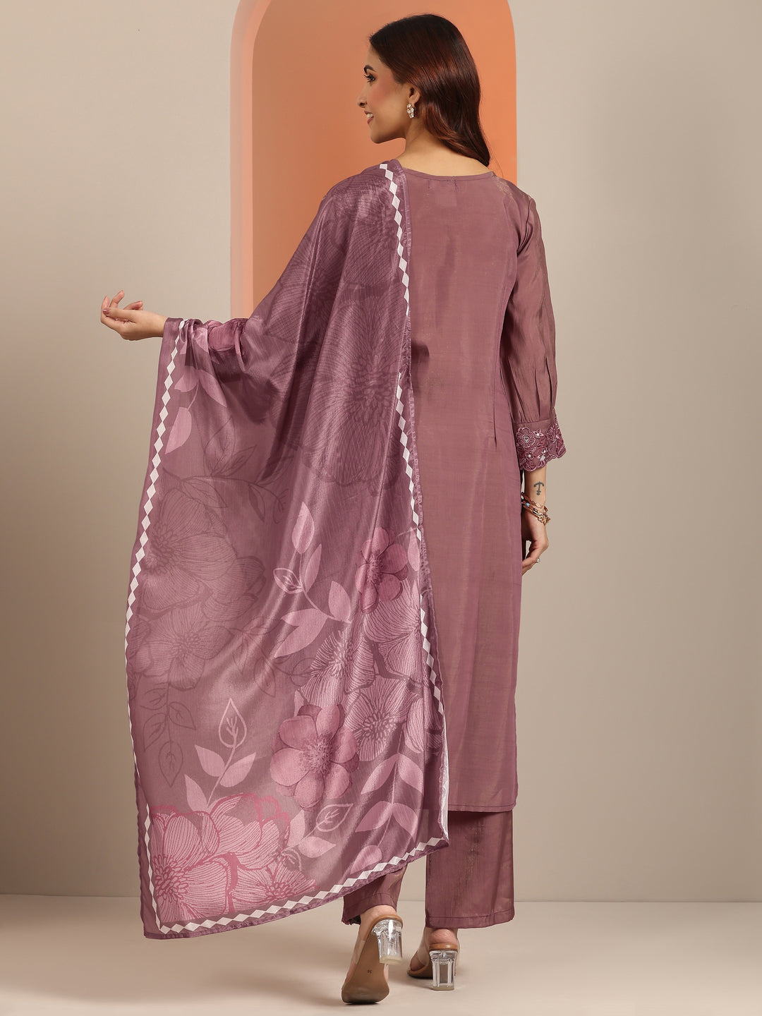 Mauve Embroidered Silk Blend Straight Suit With Dupatta