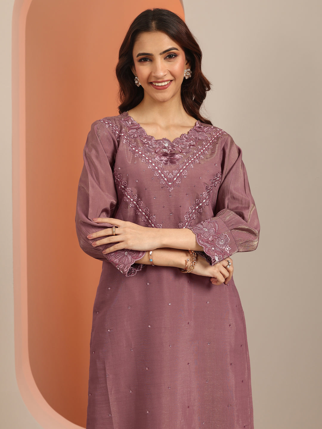 Mauve Embroidered Silk Blend Straight Suit With Dupatta