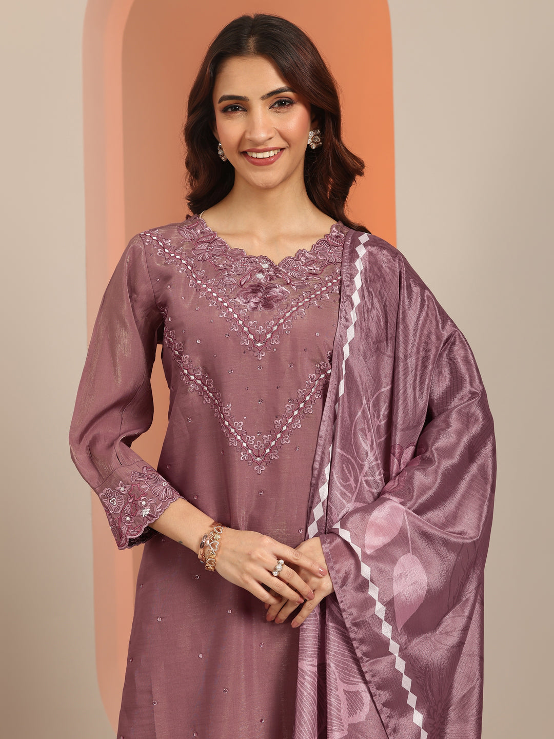 Mauve Embroidered Silk Blend Straight Suit With Dupatta