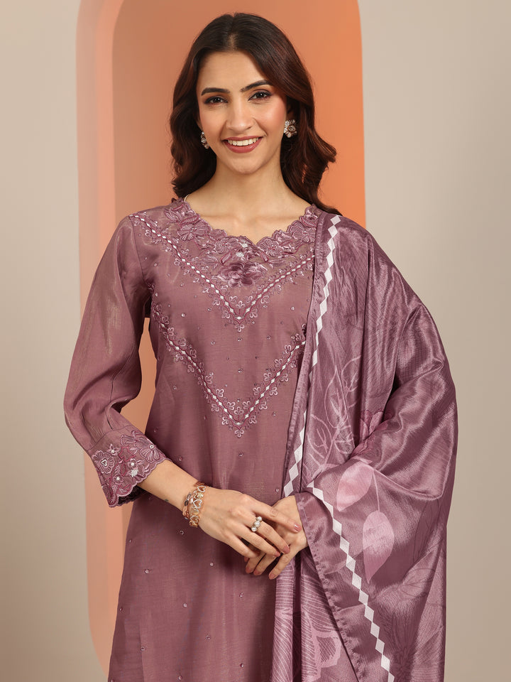 Mauve Embroidered Silk Blend Straight Suit With Dupatta