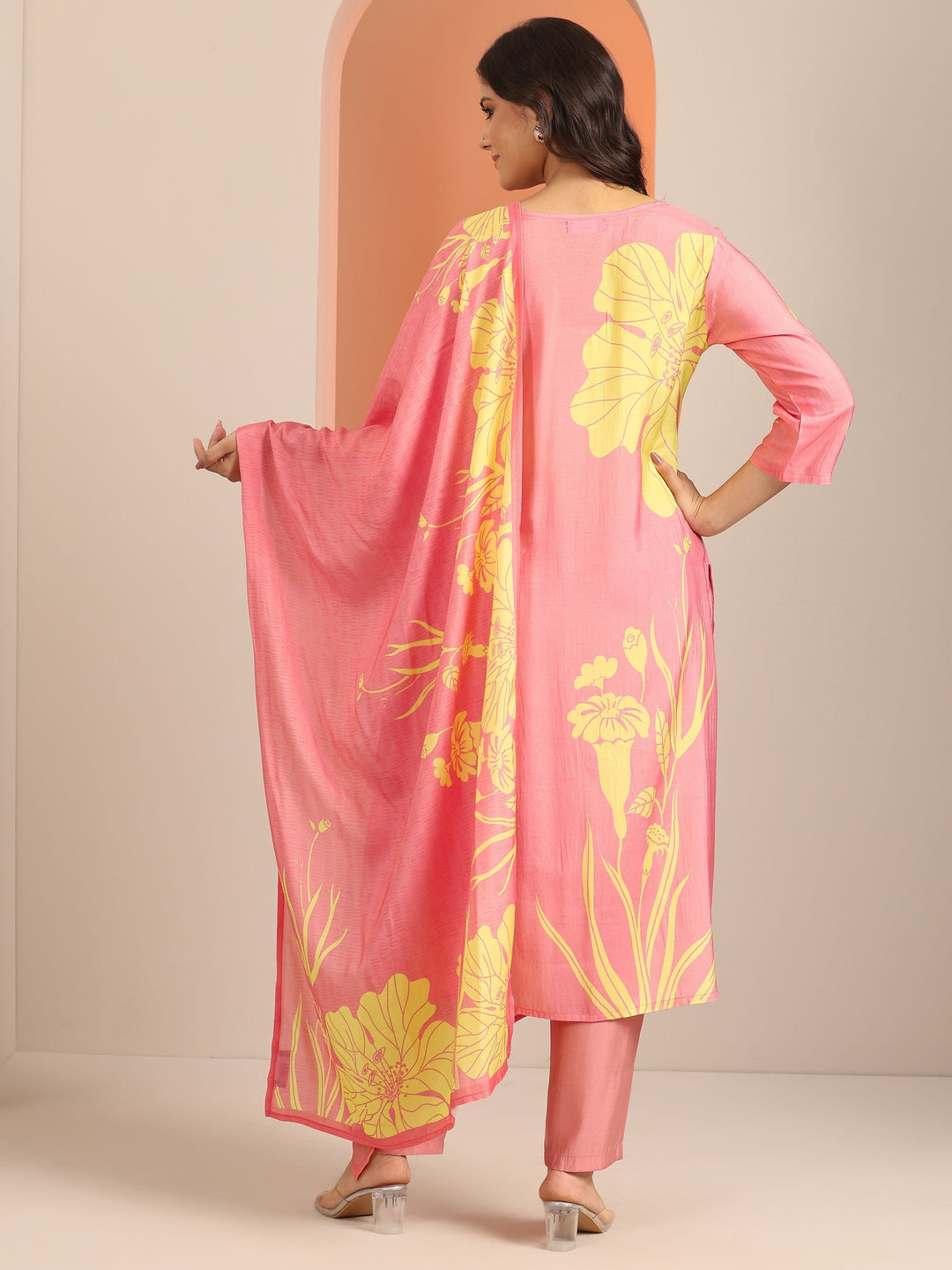 Peach Printed Muslin Straight Suit Set With Dupatta