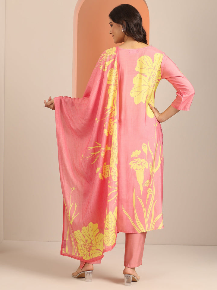 Peach Printed Muslin Straight Suit Set With Dupatta