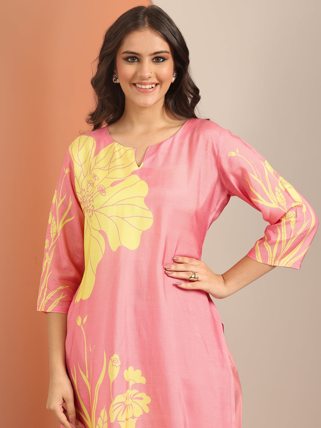 Peach Printed Muslin Straight Suit Set With Dupatta