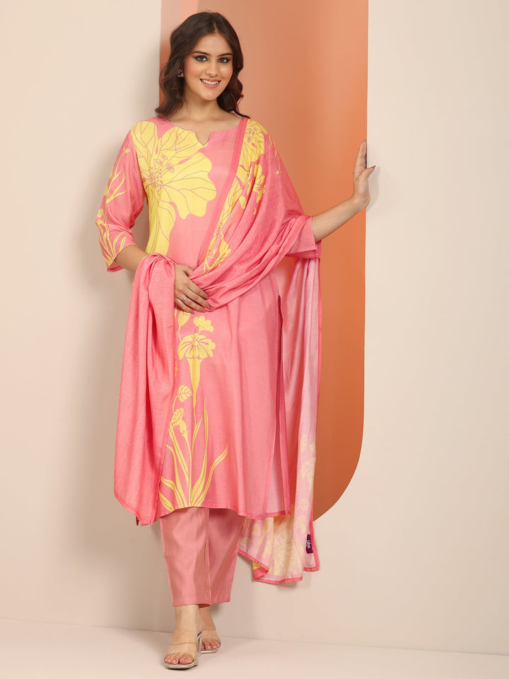 Peach Printed Muslin Straight Suit Set With Dupatta