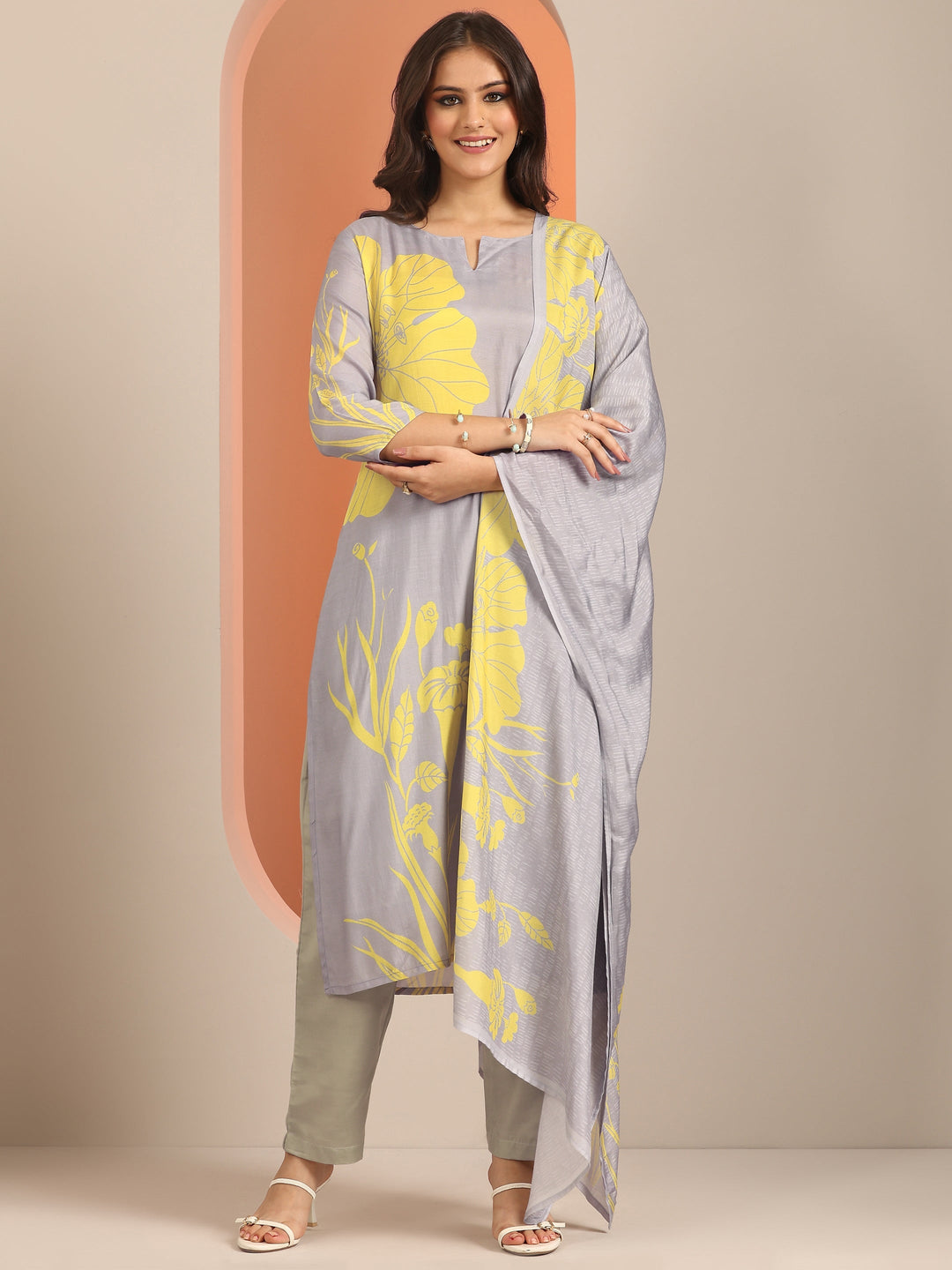 Grey Printed Muslin Straight Suit Set With Dupatta