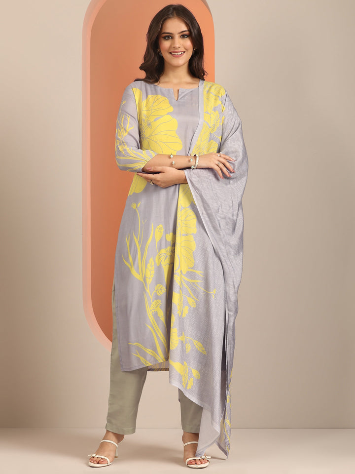 Grey Printed Muslin Straight Suit Set With Dupatta