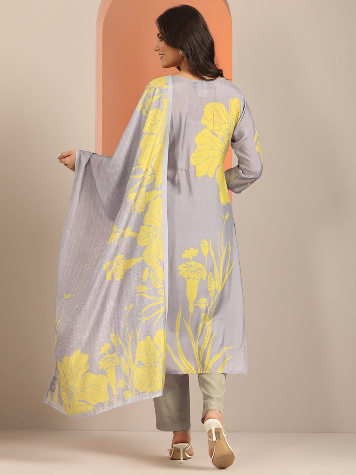 Grey Printed Muslin Straight Suit Set With Dupatta