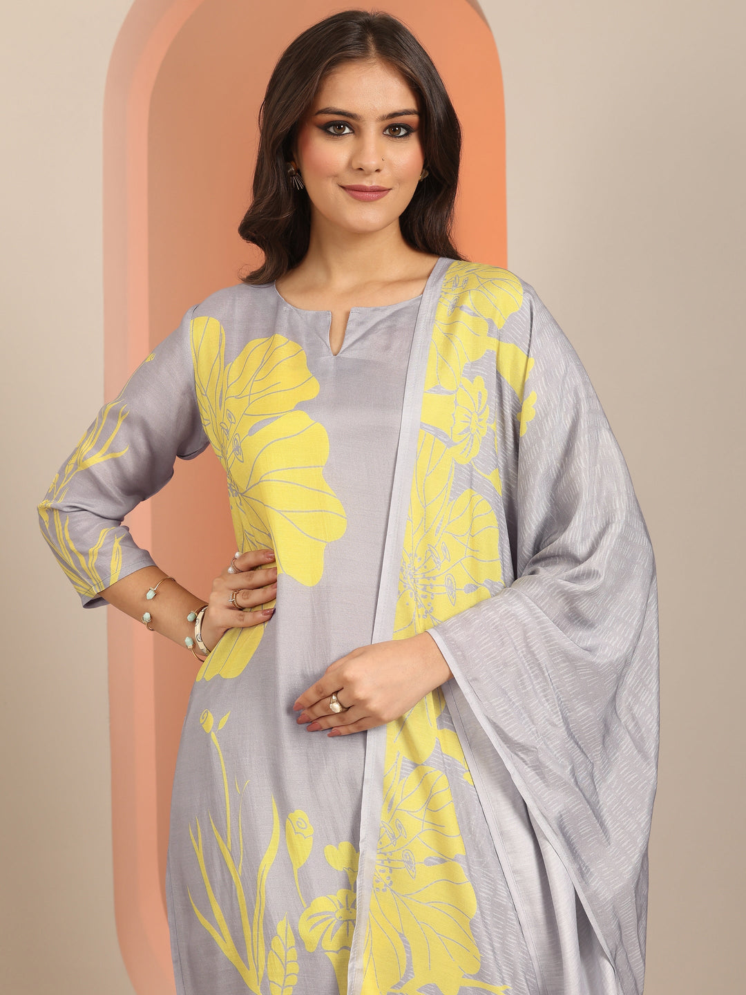 Grey Printed Muslin Straight Suit Set With Dupatta