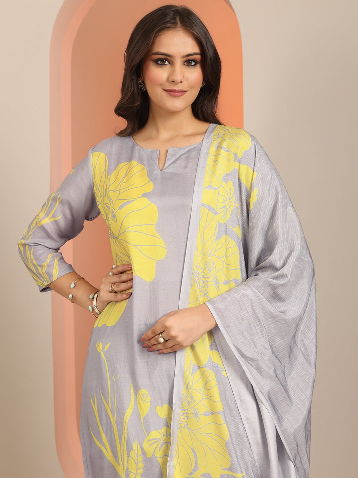 Grey Printed Muslin Straight Suit Set With Dupatta