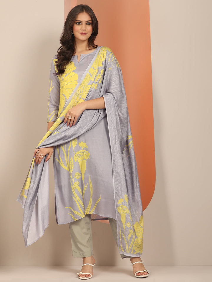Grey Printed Muslin Straight Suit Set With Dupatta