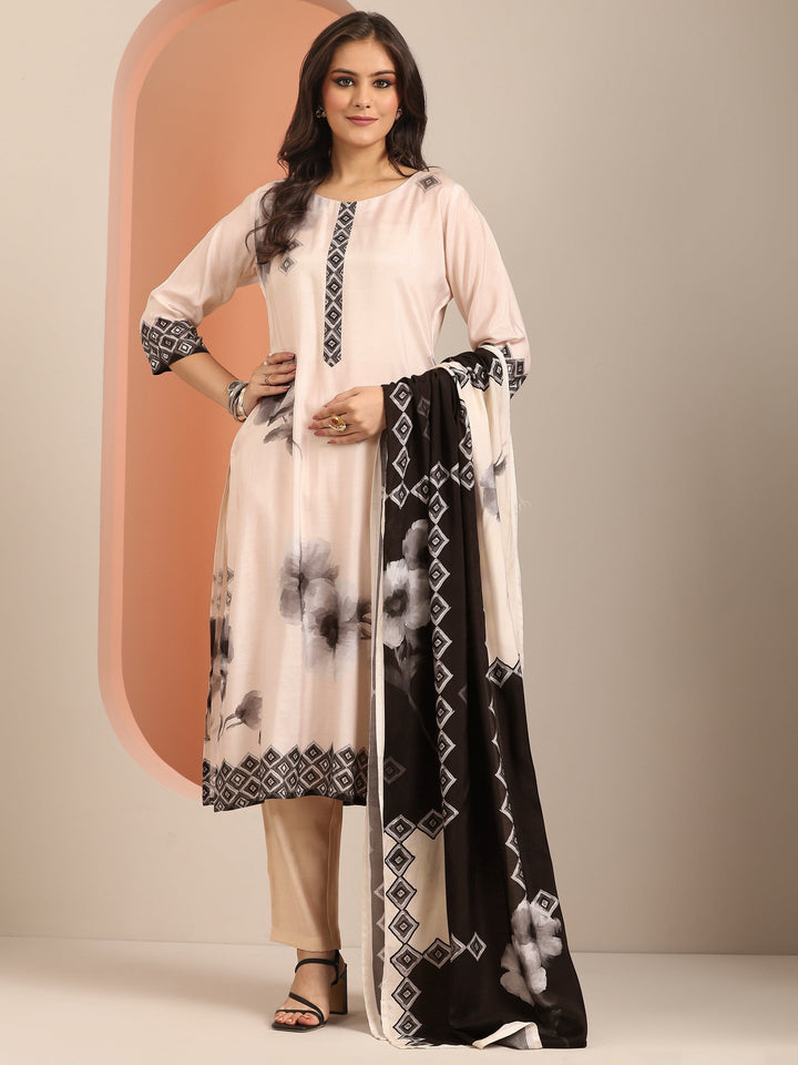 Off white Geometric Printed Muslin Straight Suit Set With Dupatta