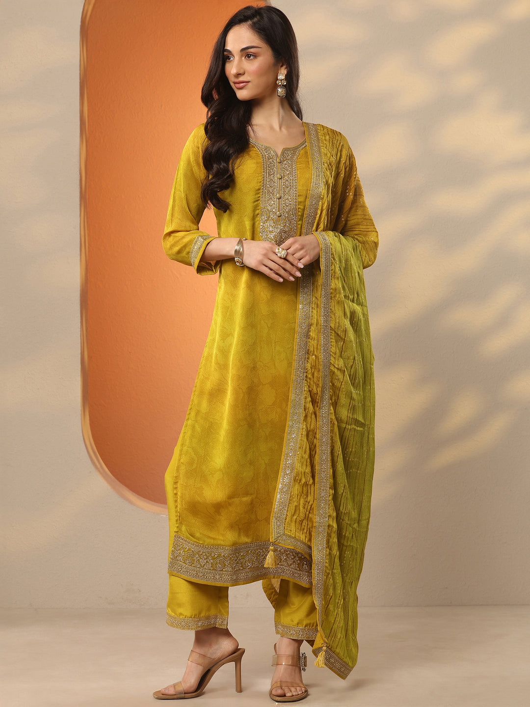 Mustard Embroidered Silk Blend Straight Suit Set With Dupatta