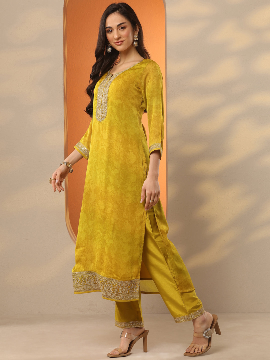 Mustard Embroidered Silk Blend Straight Suit Set With Dupatta