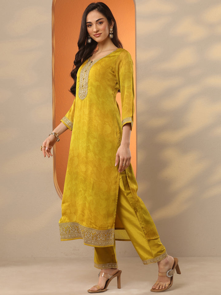 Mustard Embroidered Silk Blend Straight Suit Set With Dupatta