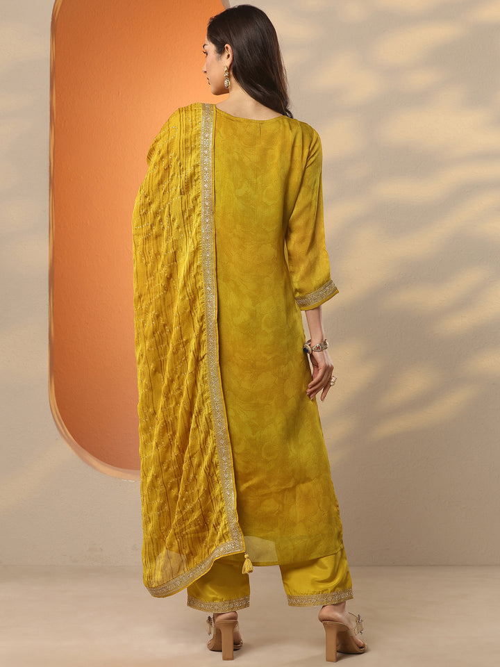 Mustard Embroidered Silk Blend Straight Suit Set With Dupatta