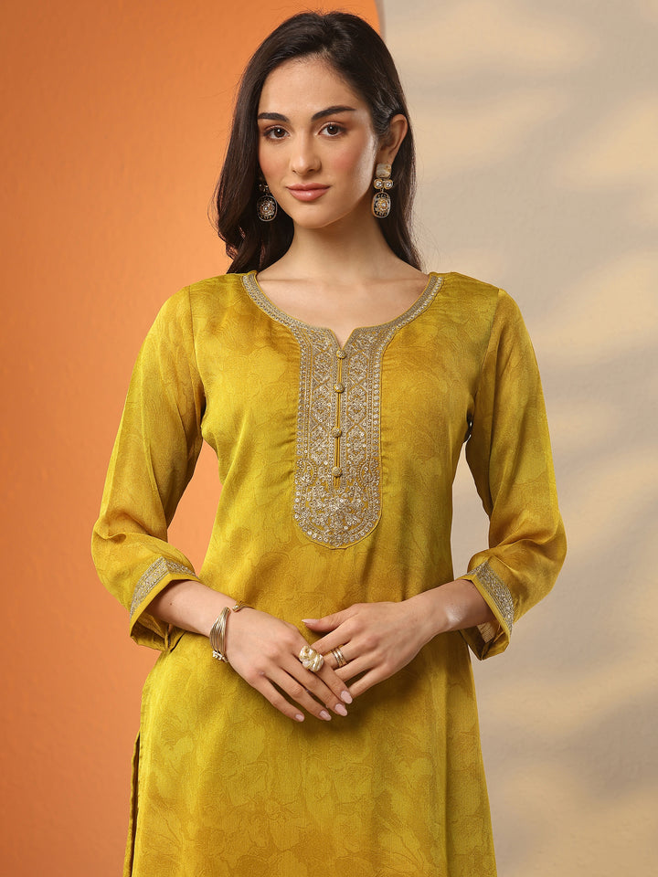 Mustard Embroidered Silk Blend Straight Suit Set With Dupatta