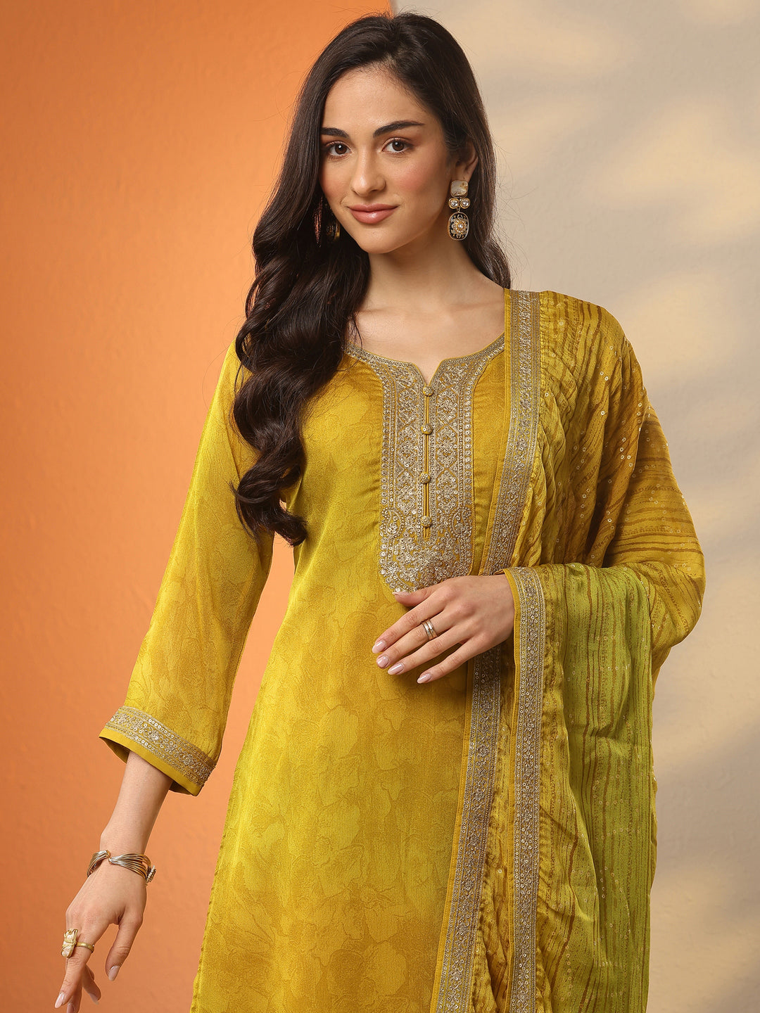 Mustard Embroidered Silk Blend Straight Suit Set With Dupatta