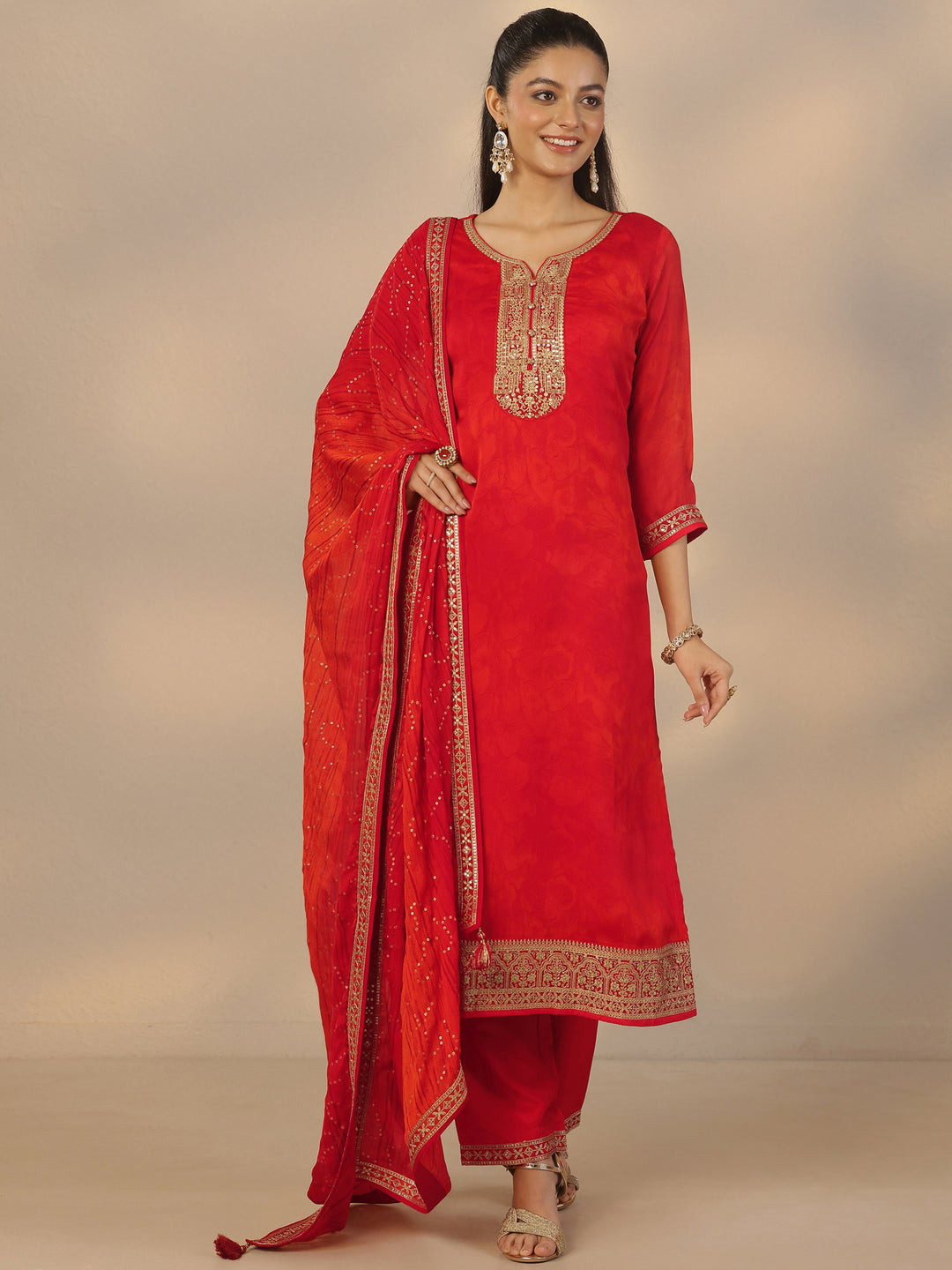 Red Embroidered Silk Blend Straight Suit Set With Dupatta