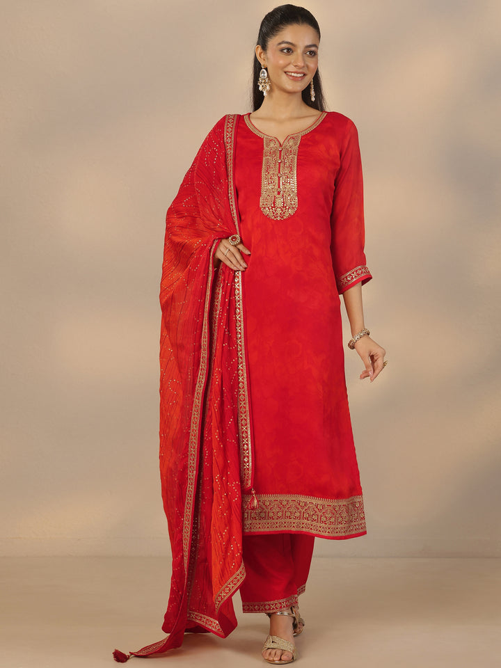 Red Embroidered Silk Blend Straight Suit Set With Dupatta