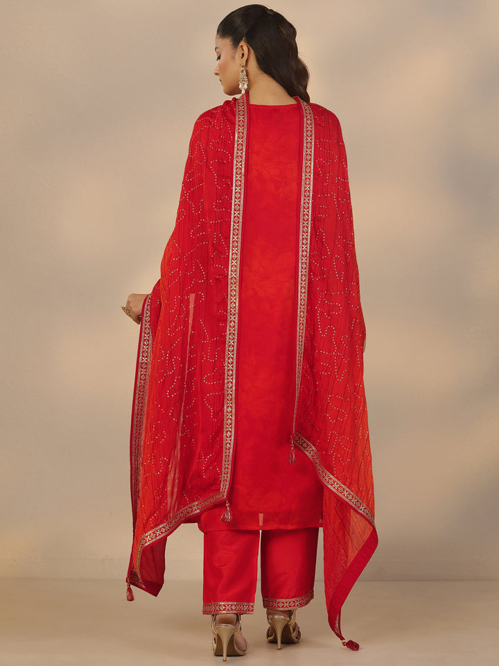 Red Embroidered Silk Blend Straight Suit Set With Dupatta