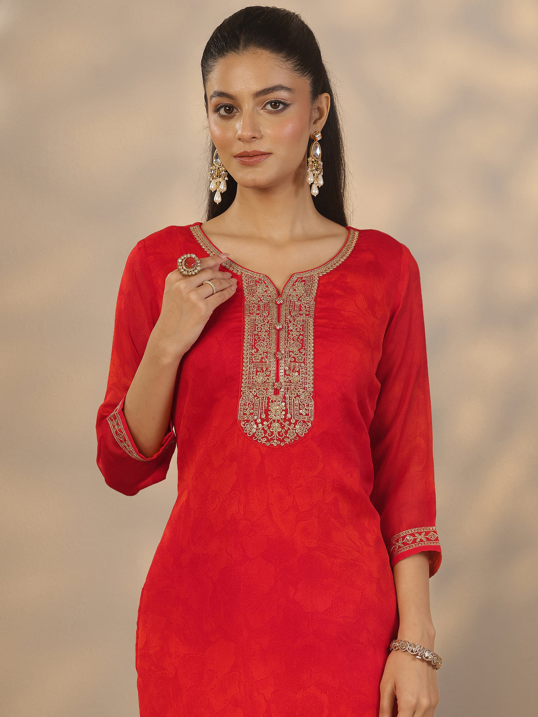Red Embroidered Silk Blend Straight Suit Set With Dupatta