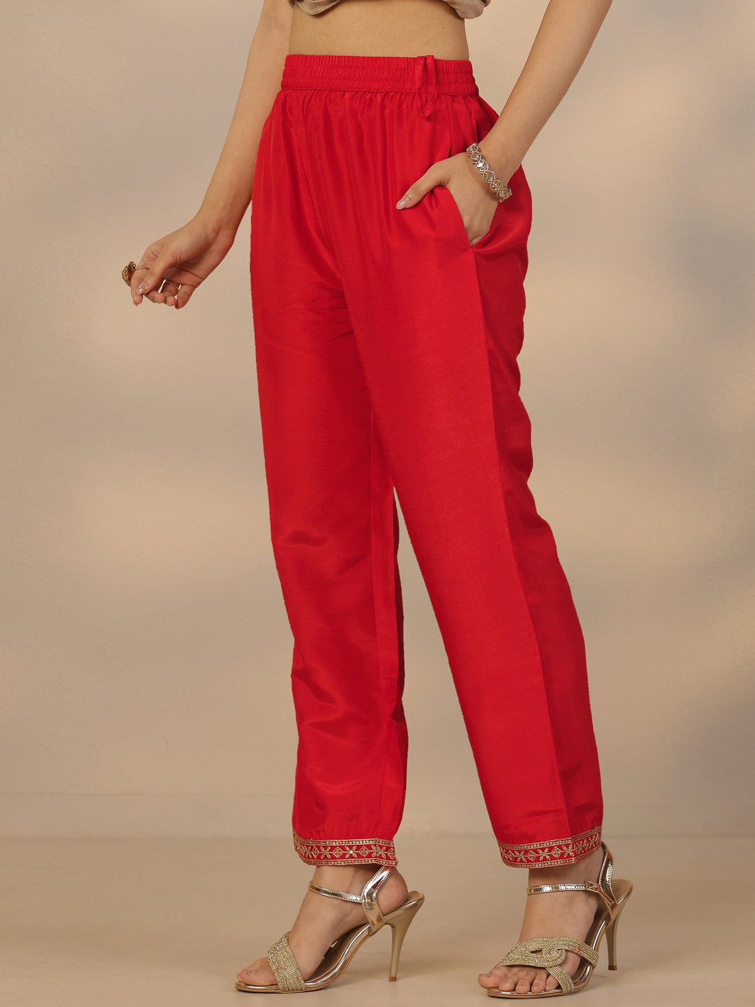 Red Embroidered Silk Blend Straight Suit Set With Dupatta