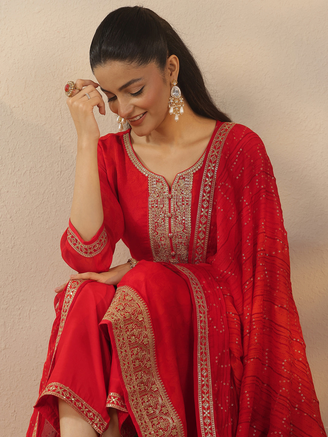 Red Embroidered Silk Blend Straight Suit Set With Dupatta