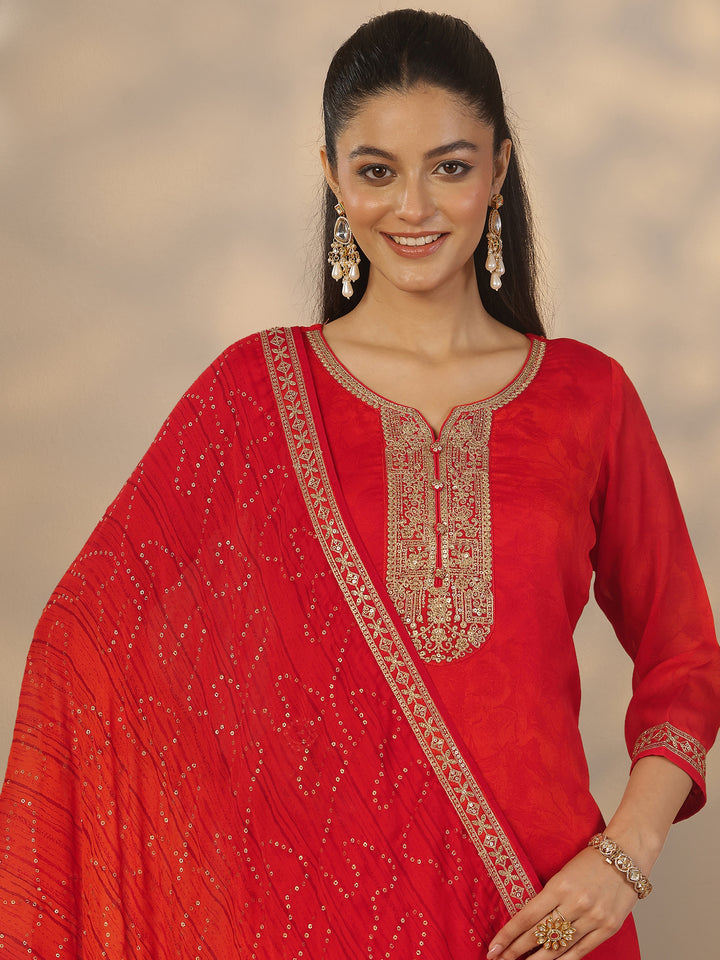 Red Embroidered Silk Blend Straight Suit Set With Dupatta