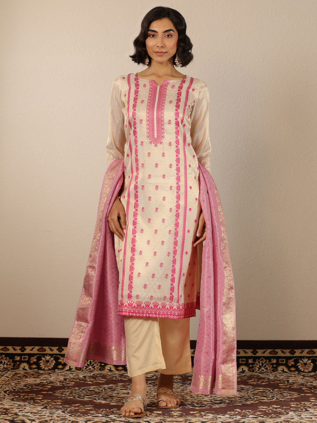 Off White Woven Design Silk Blend Straight Suit Set With Dupatta