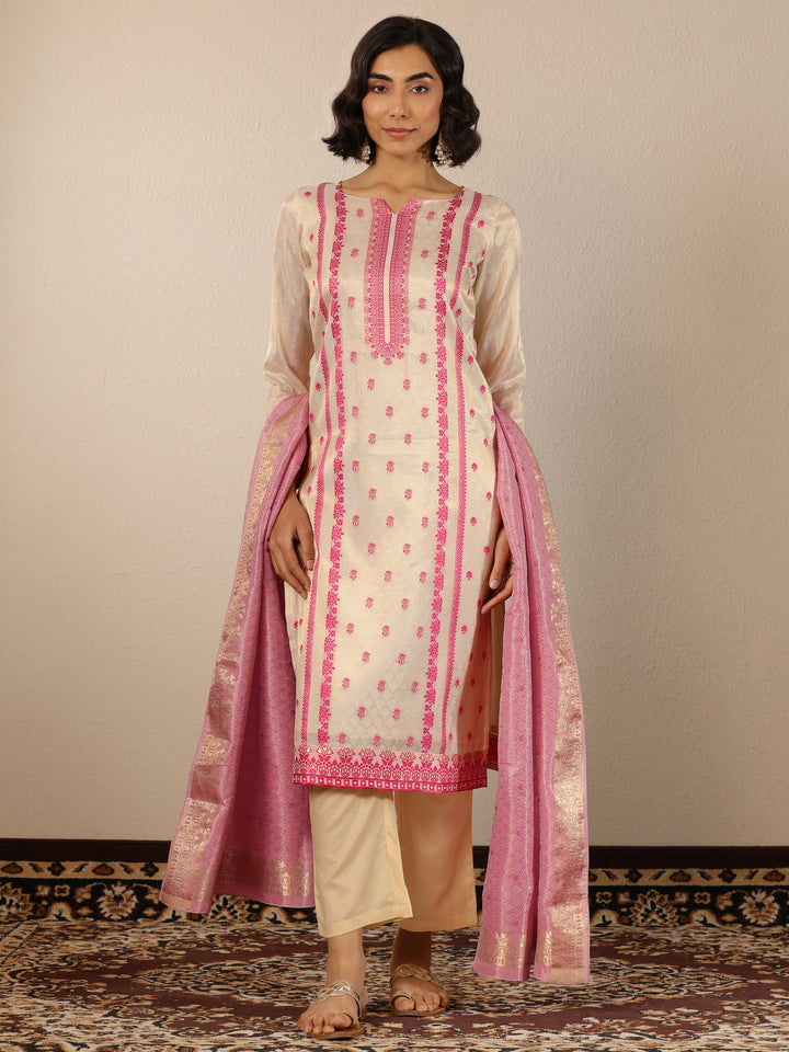 Off White Woven Design Silk Blend Straight Suit Set With Dupatta
